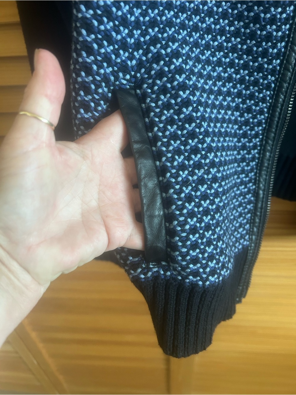 rag & bone Black and Blue Knit Bomber Cardigan with Leather Trim - Picture 4 of 6